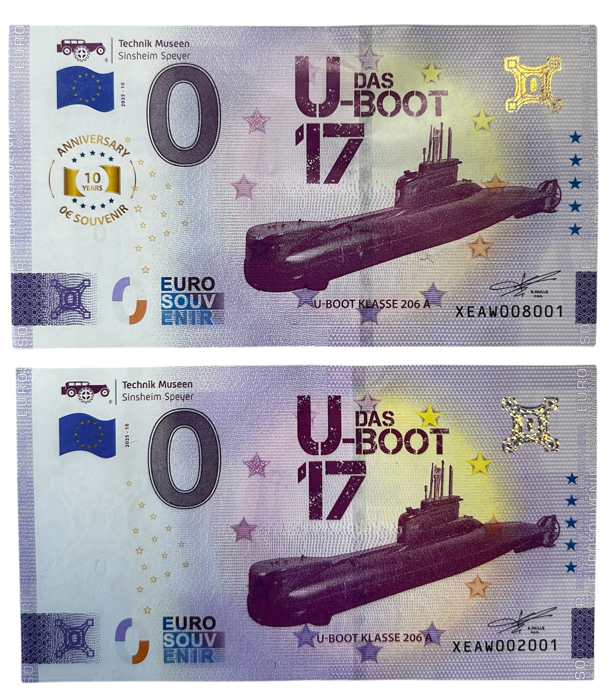 0-Euro Souvenirschein Technik Museum Sinsheim Speyer - U-Boot 17 Klasse 206 A